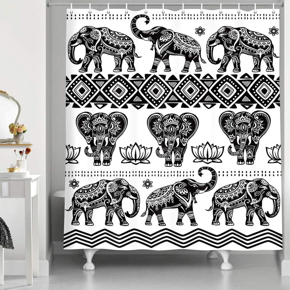 Boho Floral Elephant Shower Curtain, Black and White Bathroom Decor