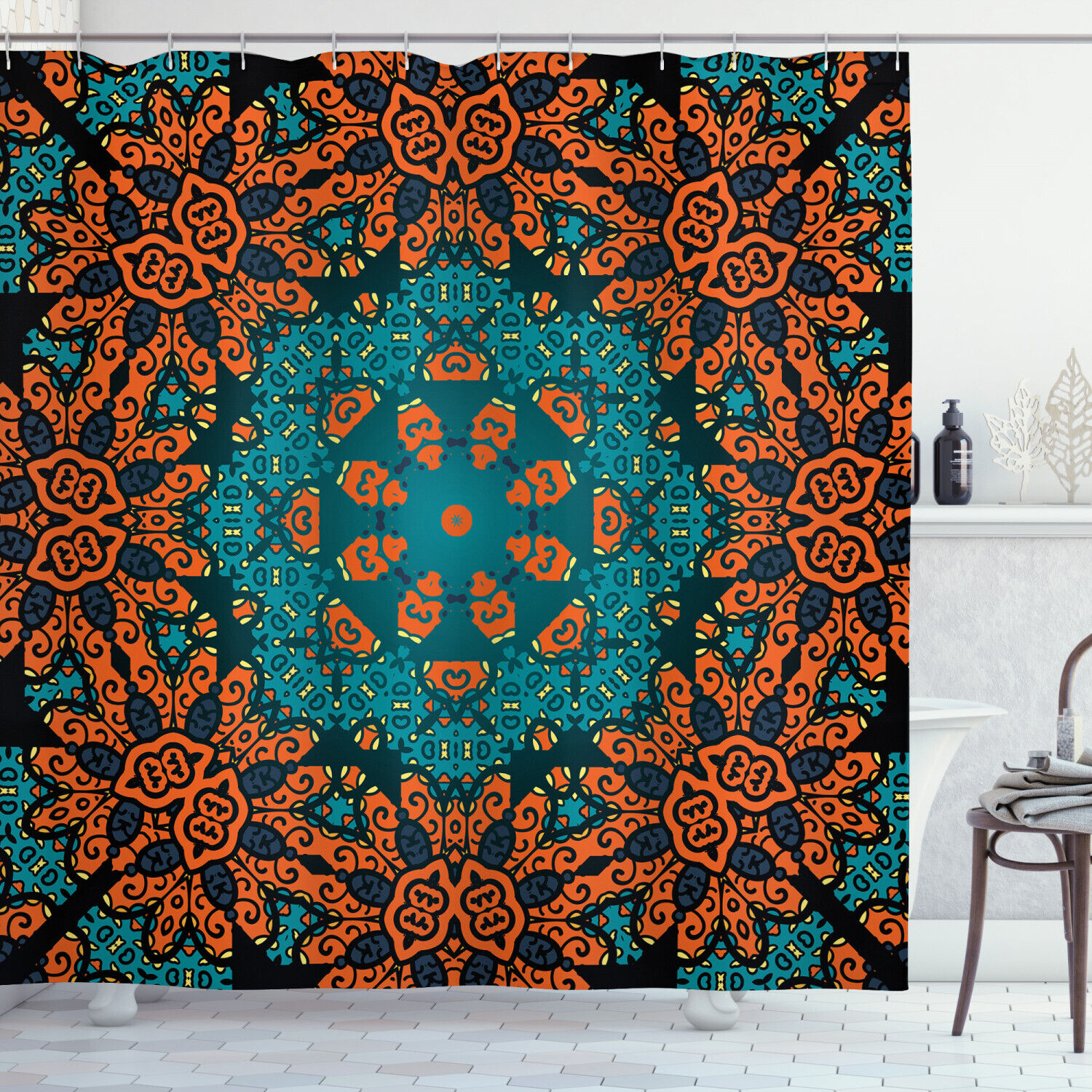 Boho Floral Psychedelic Shower Curtain, Hippie Bathroom Print