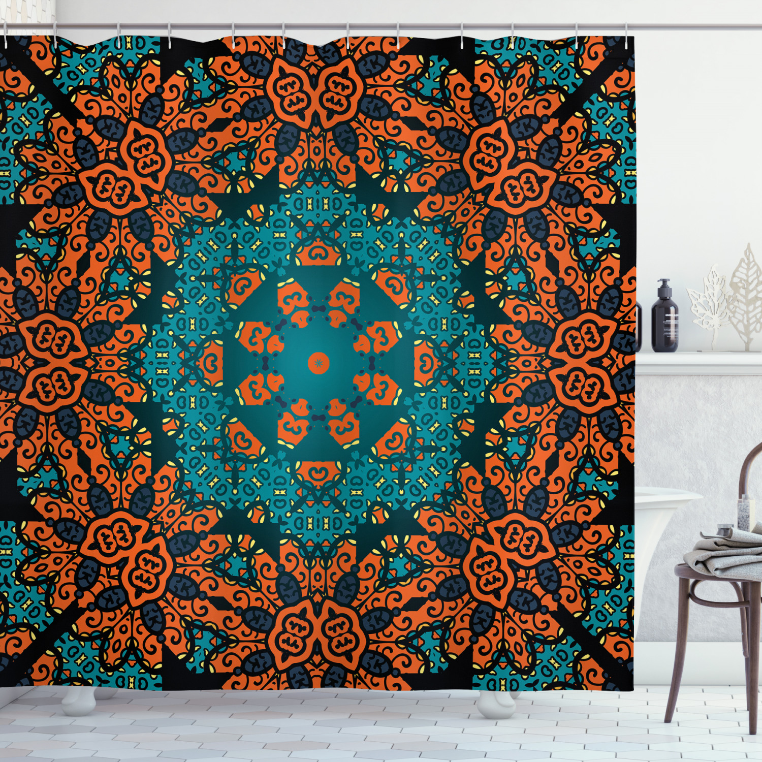 Boho Floral Psychedelic Shower Curtain, Hippie Bathroom Print