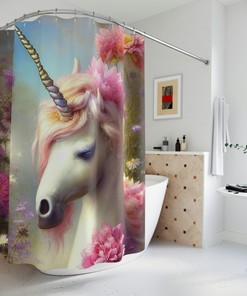 Boho Floral Unicorn Shower Curtain for Daughter's Bathroom Decor