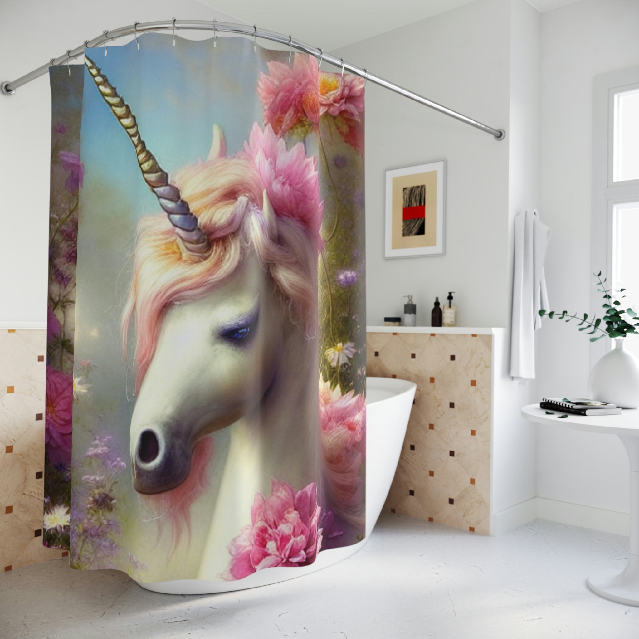 Boho Floral Unicorn Shower Curtain for Daughter's Bathroom Decor