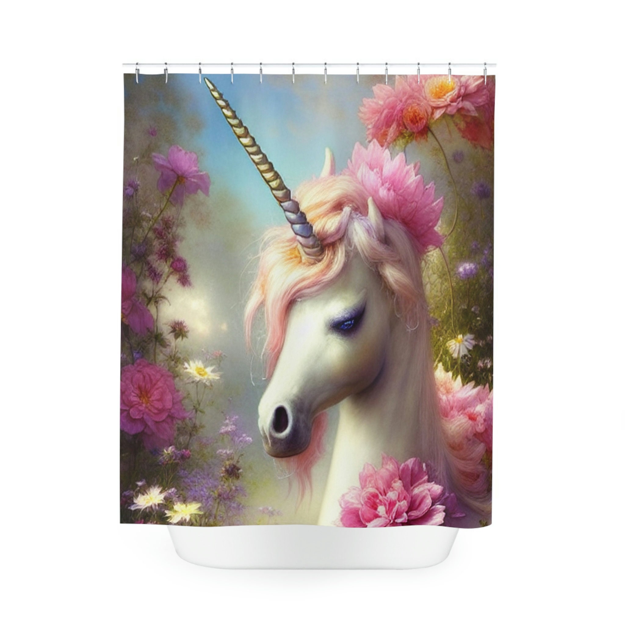 Boho Floral Unicorn Shower Curtain for Daughter's Bathroom Decor