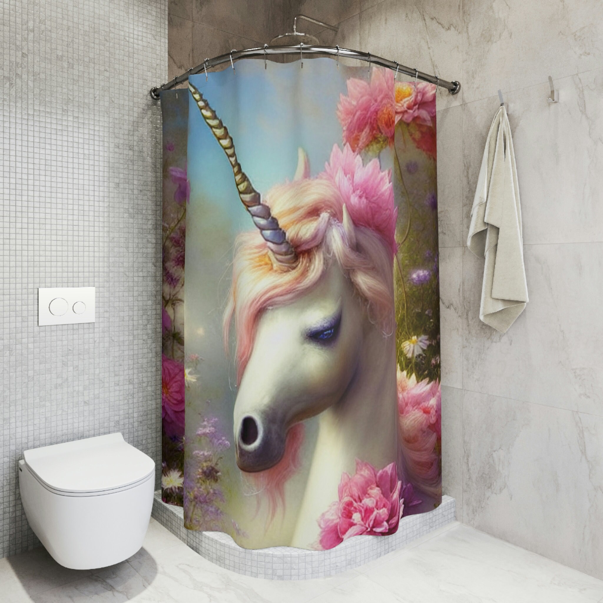 Boho Floral Unicorn Shower Curtain for Daughter's Bathroom Decor