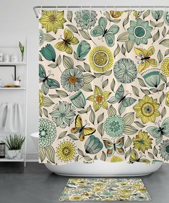 Boho Flower And Butterfly Shower Curtain For Colorful Abstract Bathroom Decor