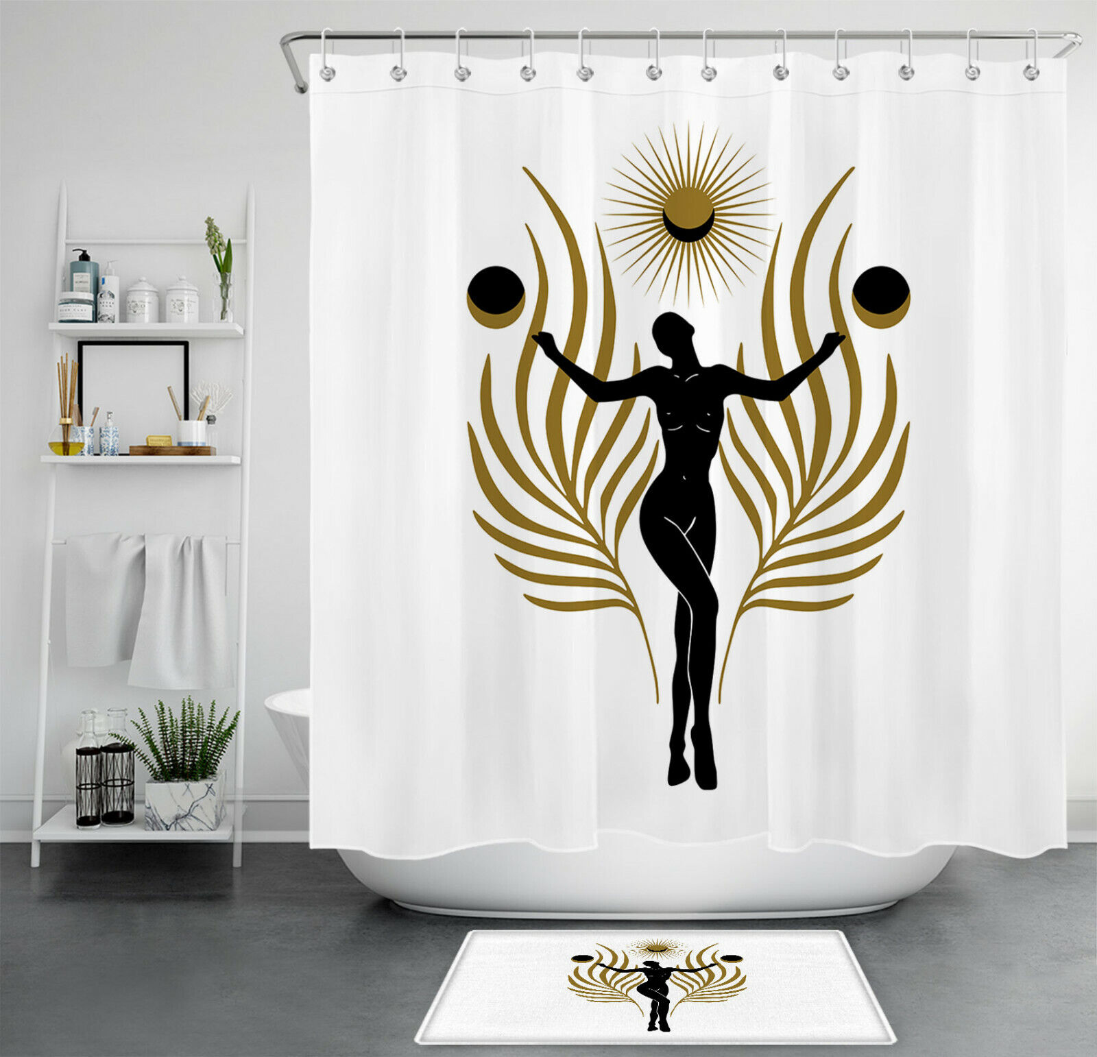 Boho Girl With Burning Sun, Moon, And Leaf Shower Curtain