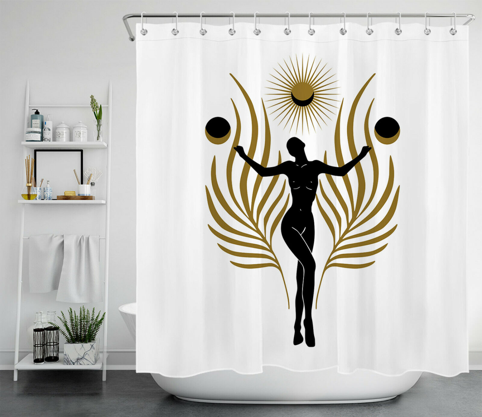 Boho Girl With Burning Sun, Moon, And Leaf Shower Curtain - Image 2