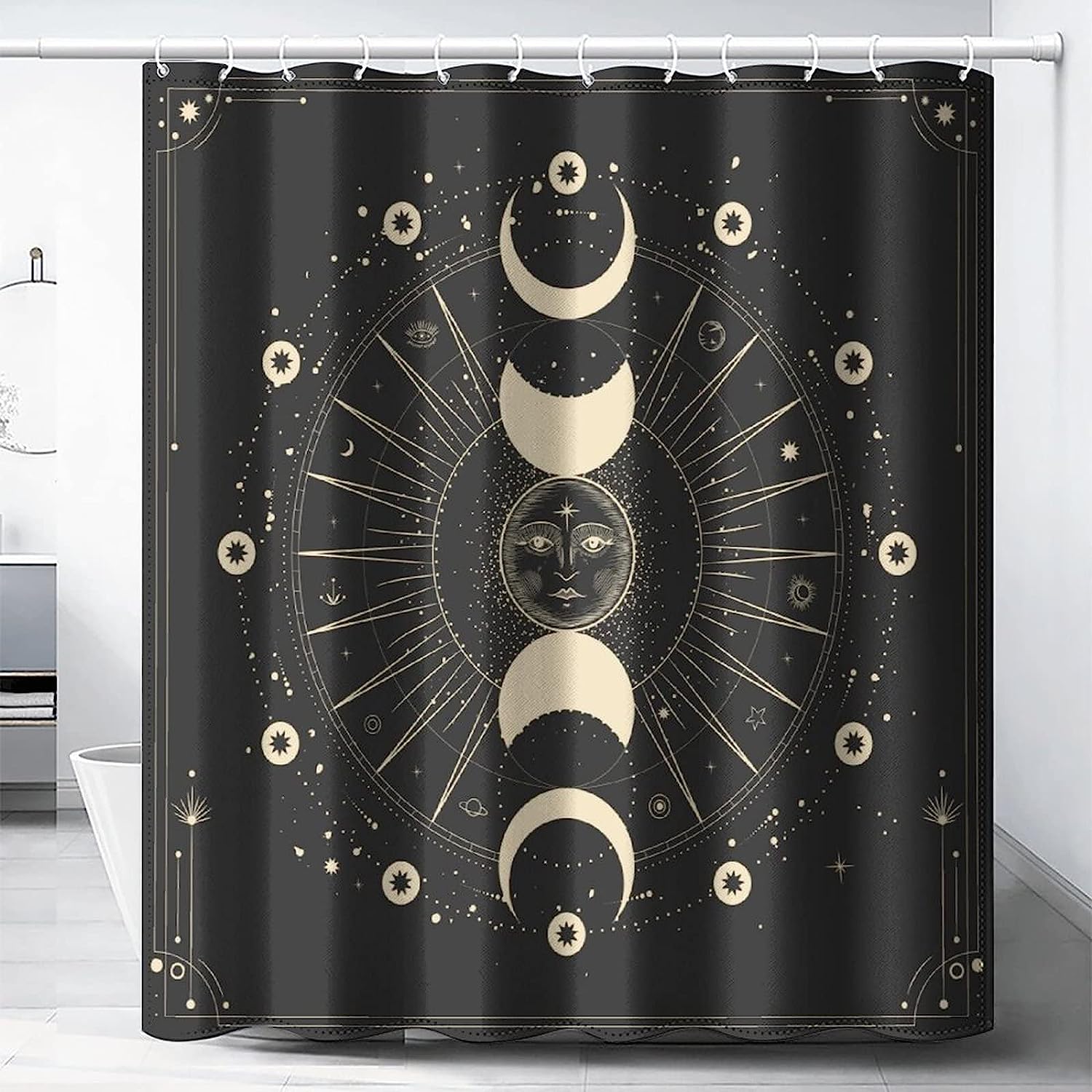 Boho Gothic Celestial Witchy Sun Moon Mandala Shower Curtain for a Mystical Bathroom Decor