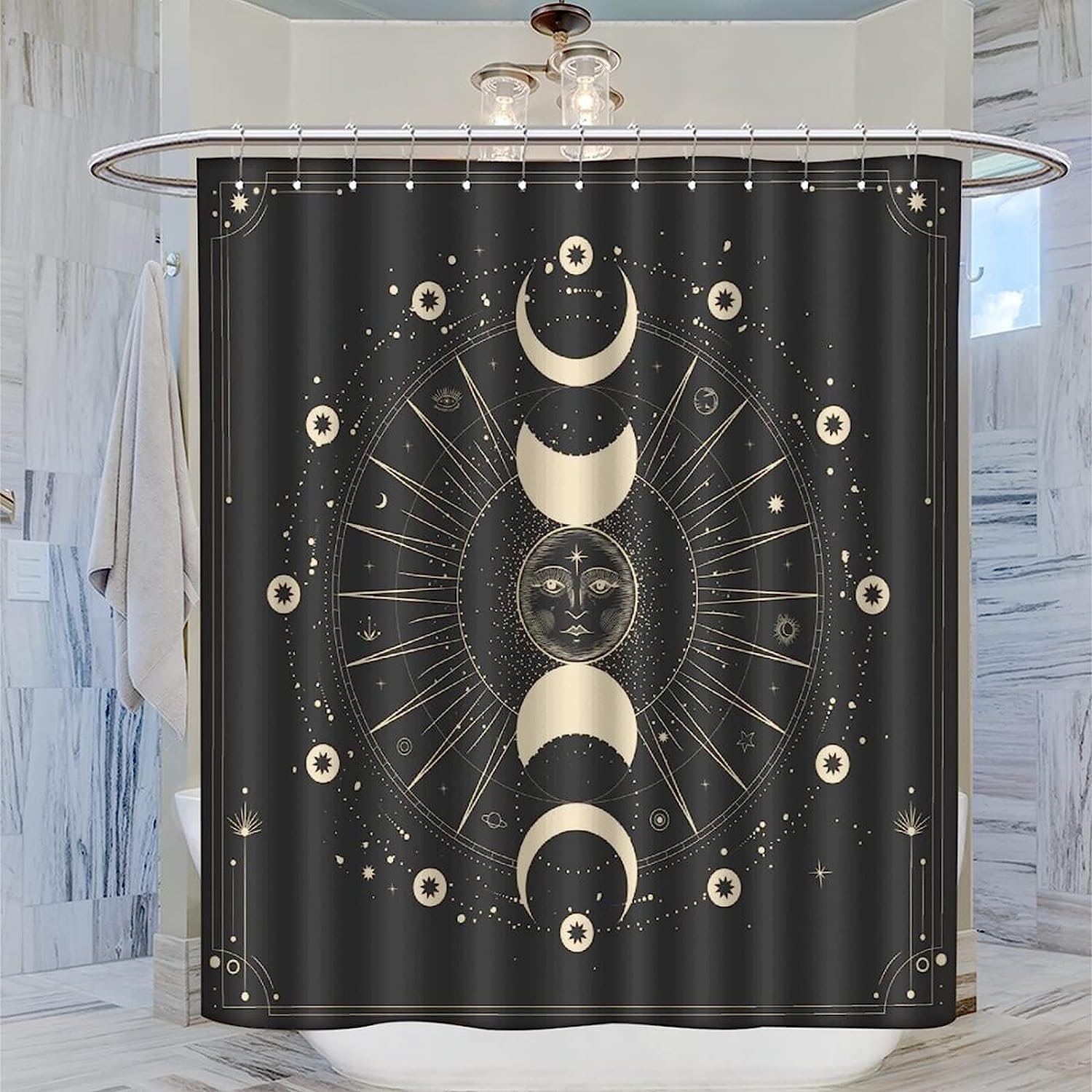 Boho Gothic Celestial Witchy Sun Moon Mandala Shower Curtain for a Mystical Bathroom Decor