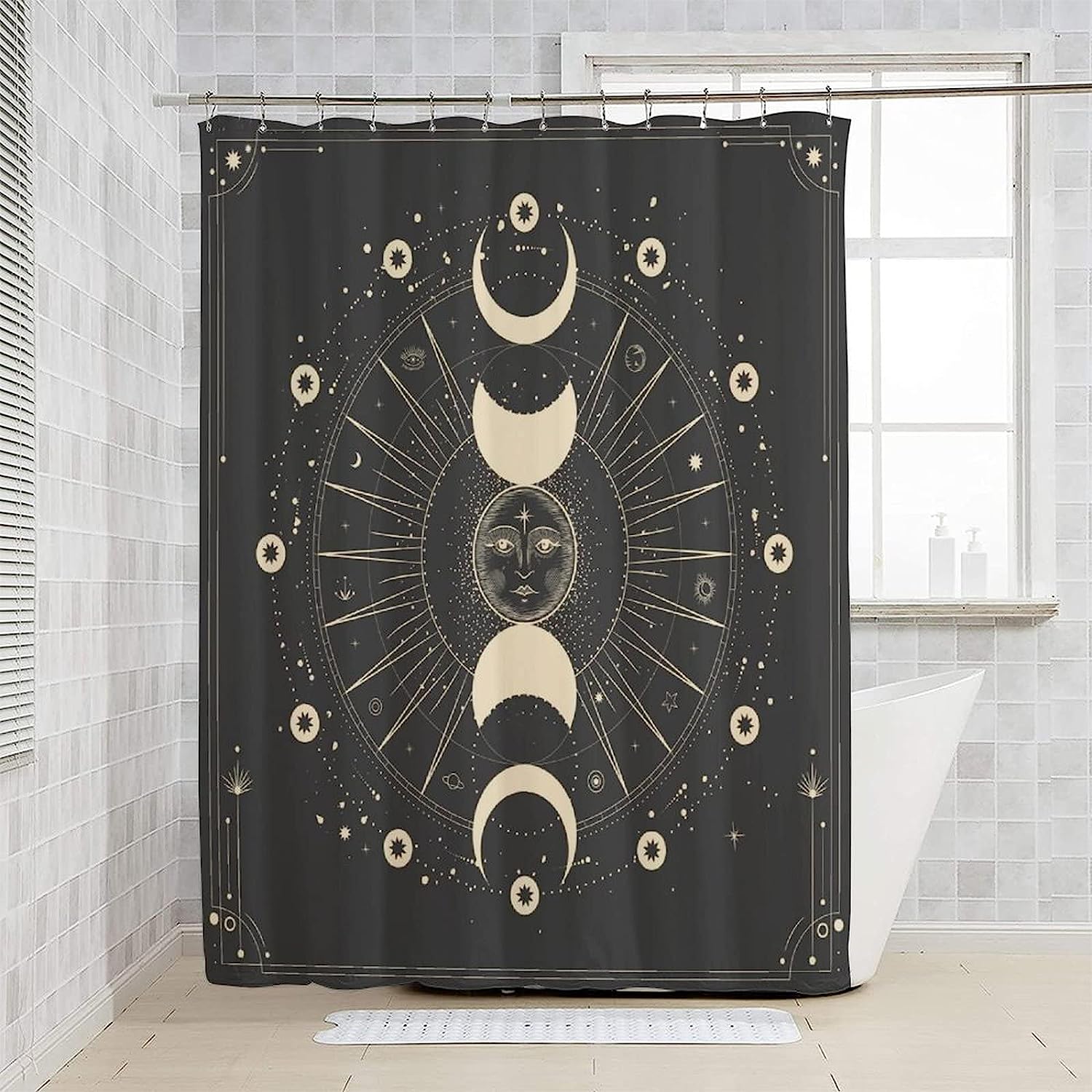 Boho Gothic Celestial Witchy Sun Moon Mandala Shower Curtain for a Mystical Bathroom Decor