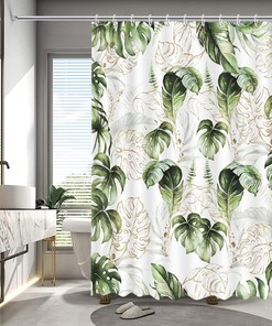 Boho Green Gold Leaves Jungle Botanical Plant Shower Curtain, Tropical Theme For Bathroom Decor
