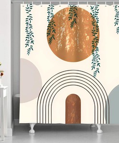 Boho Green Leaf Arch Shower Curtain with Geometric Modern Abstract Art