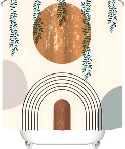 Boho Green Leaf Arch Shower Curtain with Geometric Modern Abstract Art