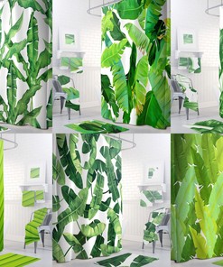 Boho Green Tropical Shower Curtain With Banana Leaf Valance And Palm Leaf Fabric For Vibrant Bathroom Decor