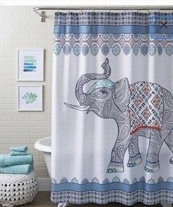 Boho Hippie Blue & Orange Elephant Shower Curtain with Tassel Fringe for Bohemian Bathroom 