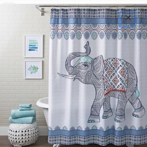 Boho Hippie Blue & Orange Elephant Shower Curtain with Tassel Fringe for Bohemian Bathroom