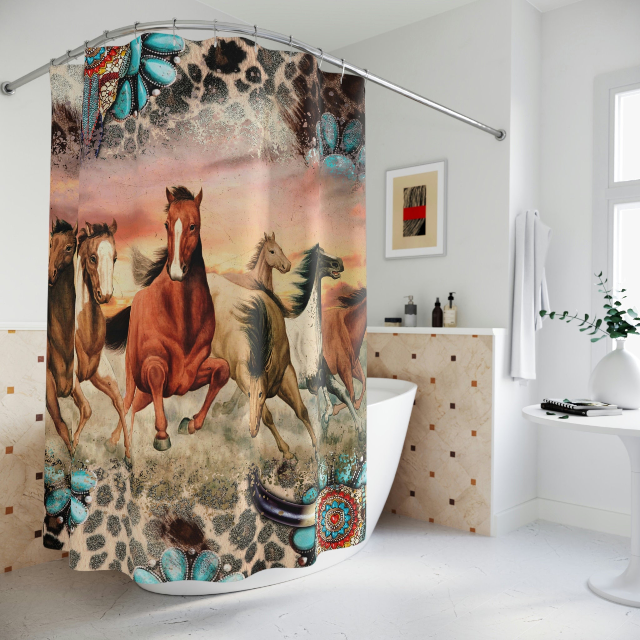 Boho Horse Shower Curtain - Unique Rustic Bathroom Decor with Equine Elements