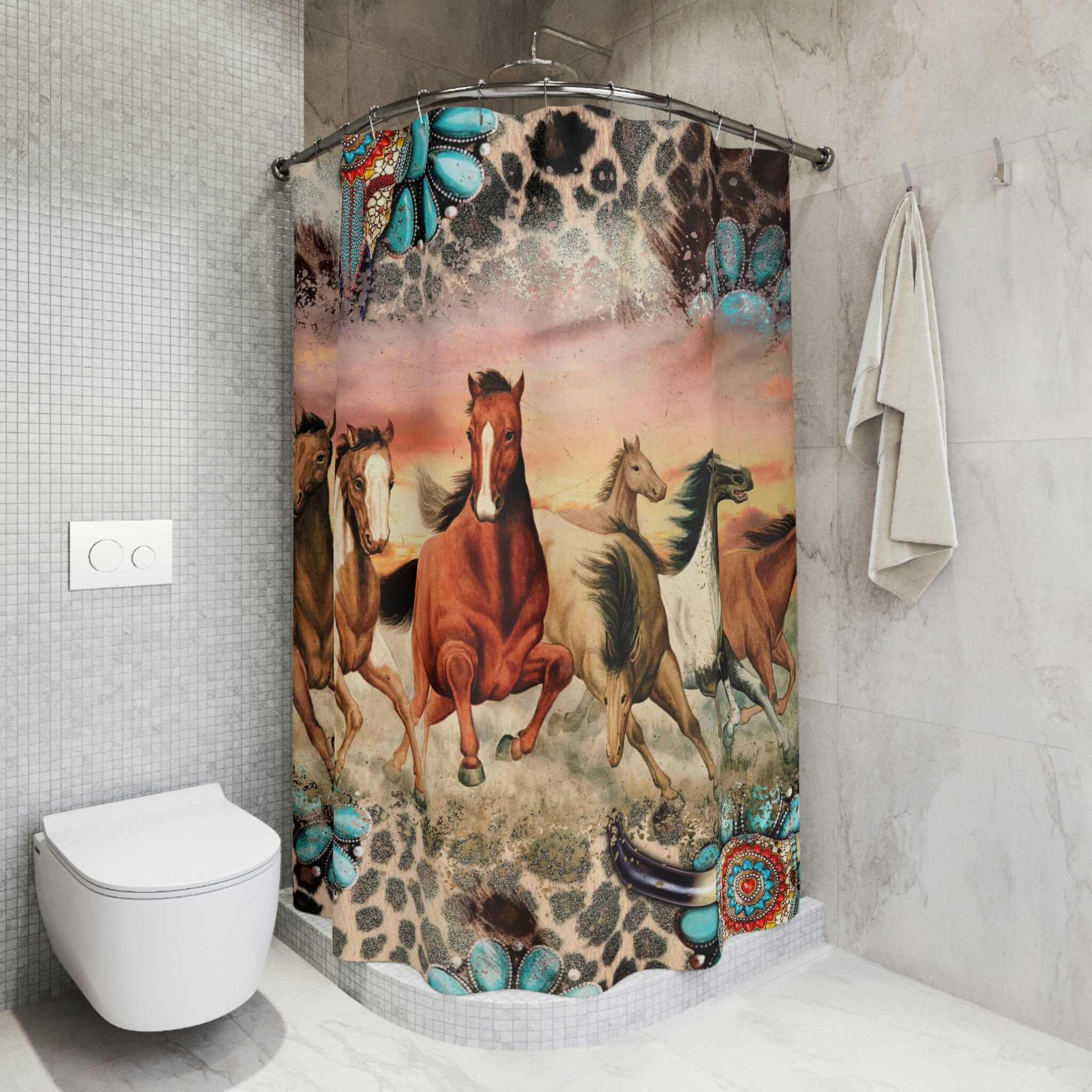 Boho Horse Shower Curtain - Unique Rustic Bathroom Decor with Equine Elements