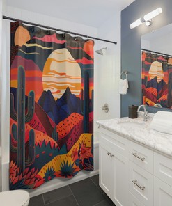 Boho Landscape Shower Curtain With Desert Sunset And Tribal Symbols - A Stylish And Cool Addition To Your Bathroom