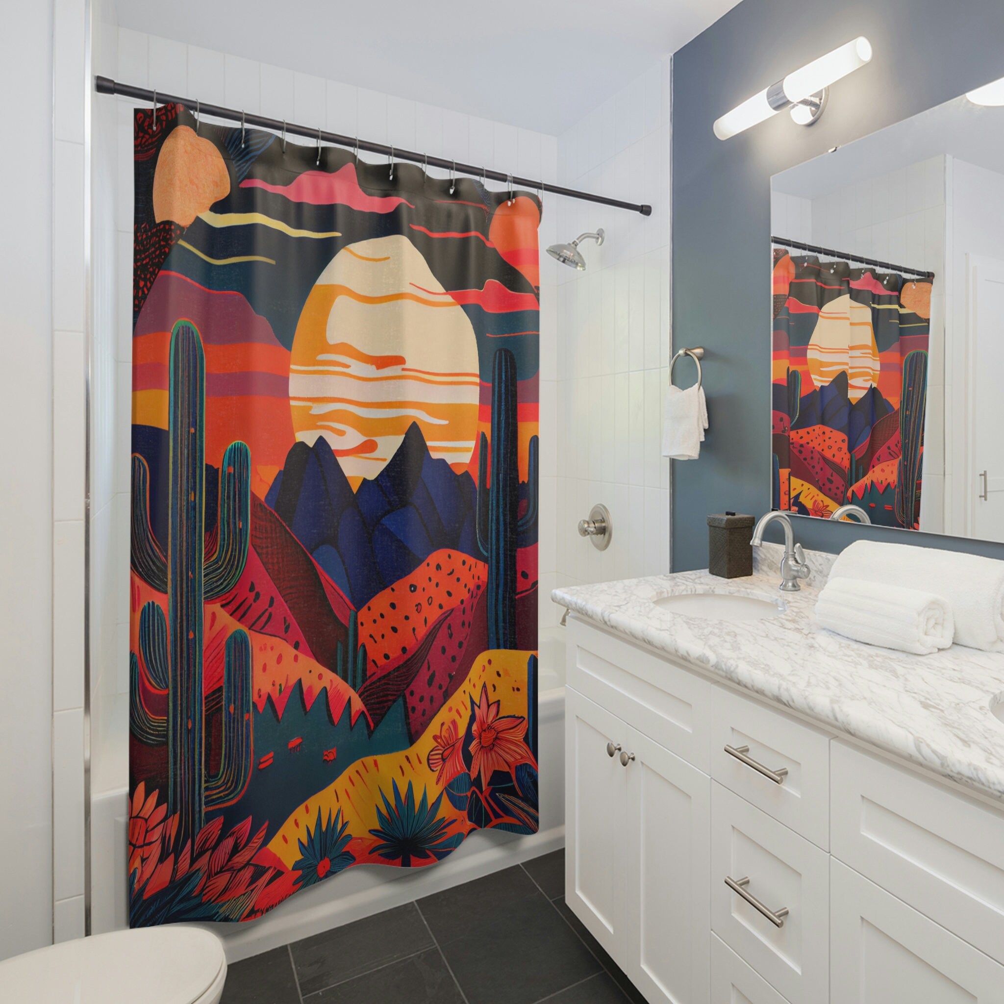 Boho Landscape Shower Curtain With Desert Sunset And Tribal Symbols - A Stylish And Cool Addition To Your Bathroom