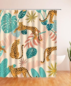 Boho Leaf Leopard Shower Curtain, Modern Jungle Bathroom Decor