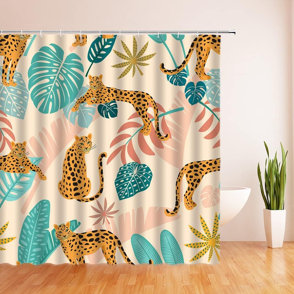 Boho Leaf Leopard Shower Curtain, Modern Jungle Bathroom Decor