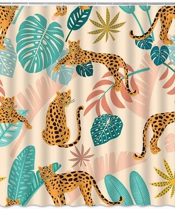 Boho Leaf Leopard Shower Curtain, Modern Jungle Bathroom Decor