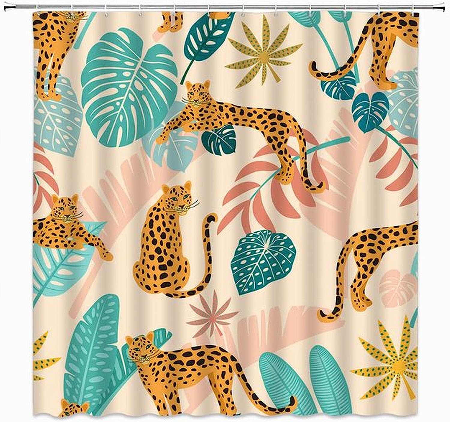 Boho Leaf Leopard Shower Curtain, Modern Jungle Bathroom Decor