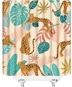 Boho Leaf Leopard Shower Curtain, Modern Jungle Bathroom Decor