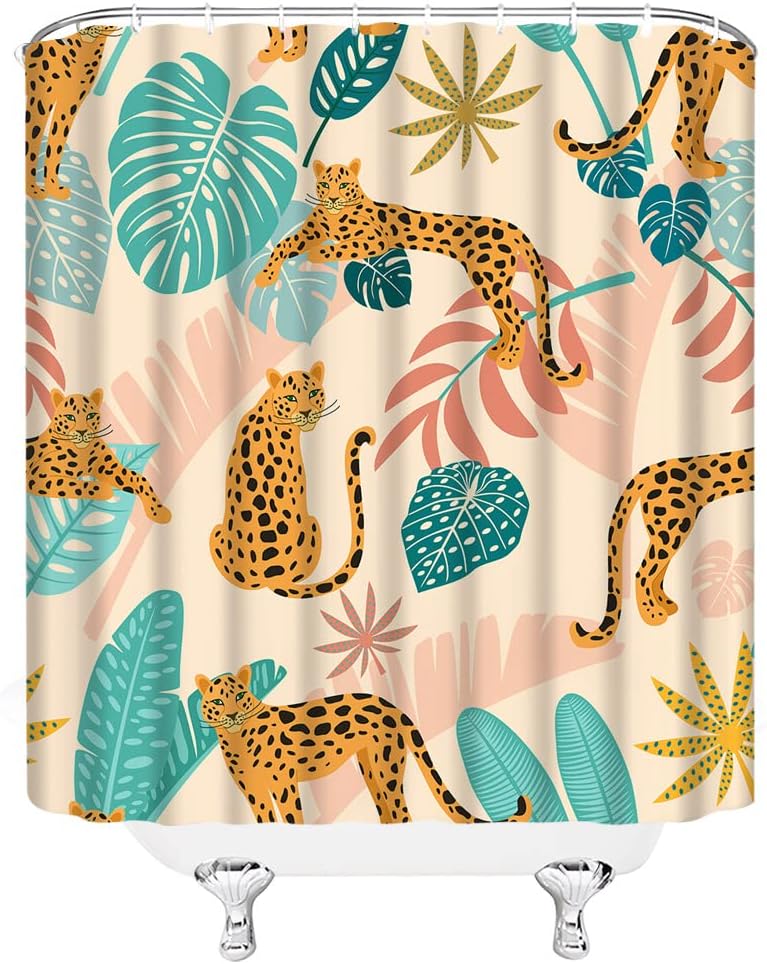 Boho Leaf Leopard Shower Curtain, Modern Jungle Bathroom Decor