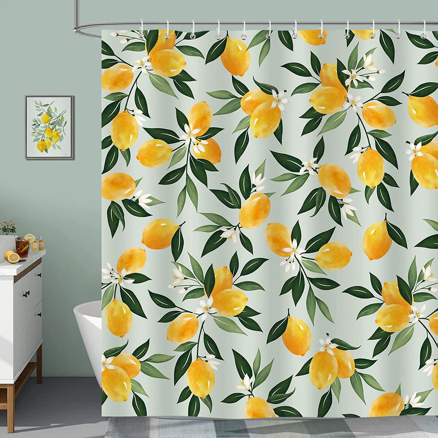 Boho Lemon Shower Curtain, Fresh And Fruity Design, Waterproof Fabric For The Bathroom