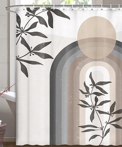 Boho Minimalist Geometric Mid Century Shower Curtain with Sun Rainbow Print for an Artistic Bathroom Look