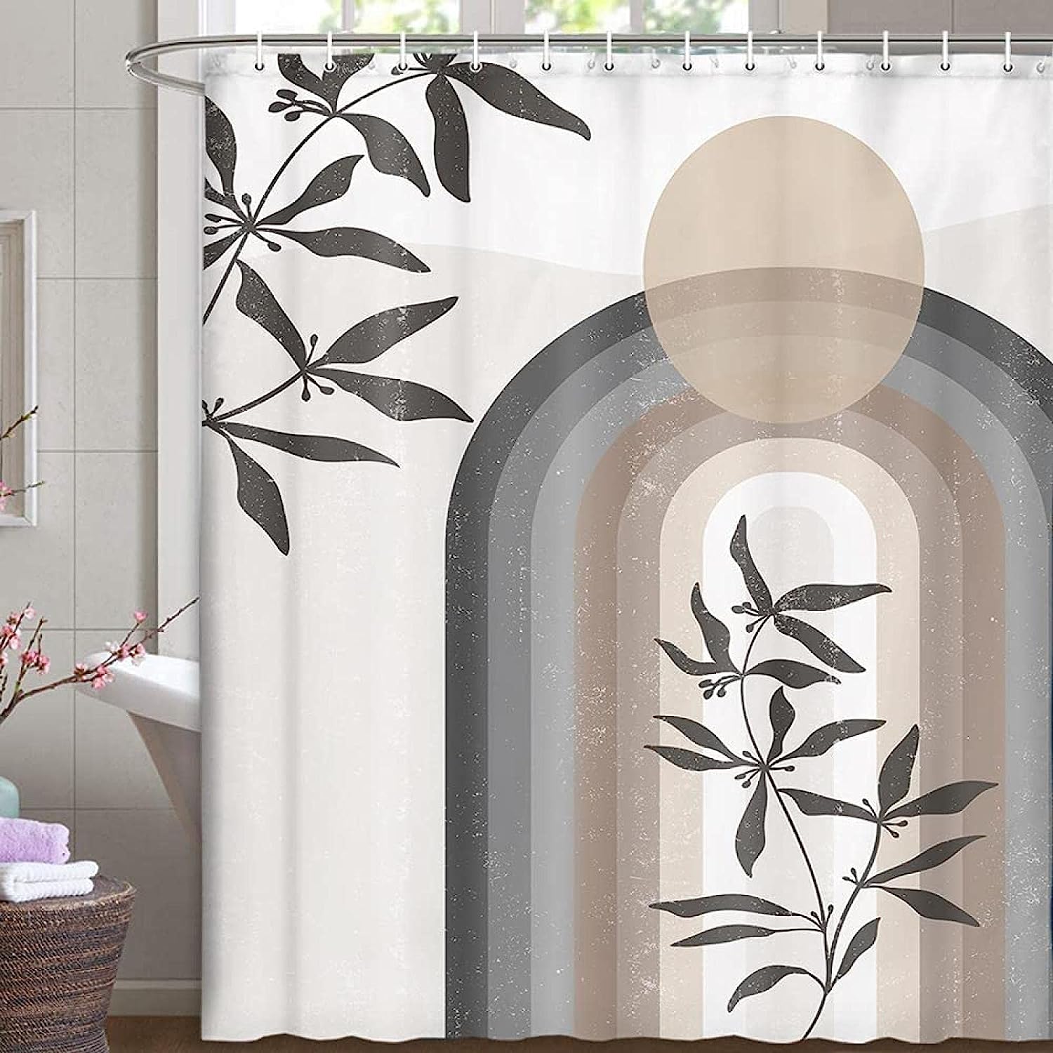 Boho Minimalist Geometric Mid Century Shower Curtain with Sun Rainbow Print for an Artistic Bathroom Look