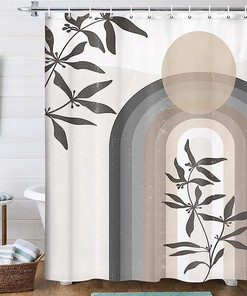 Boho Minimalist Geometric Mid Century Shower Curtain with Sun Rainbow Print for an Artistic Bathroom Look