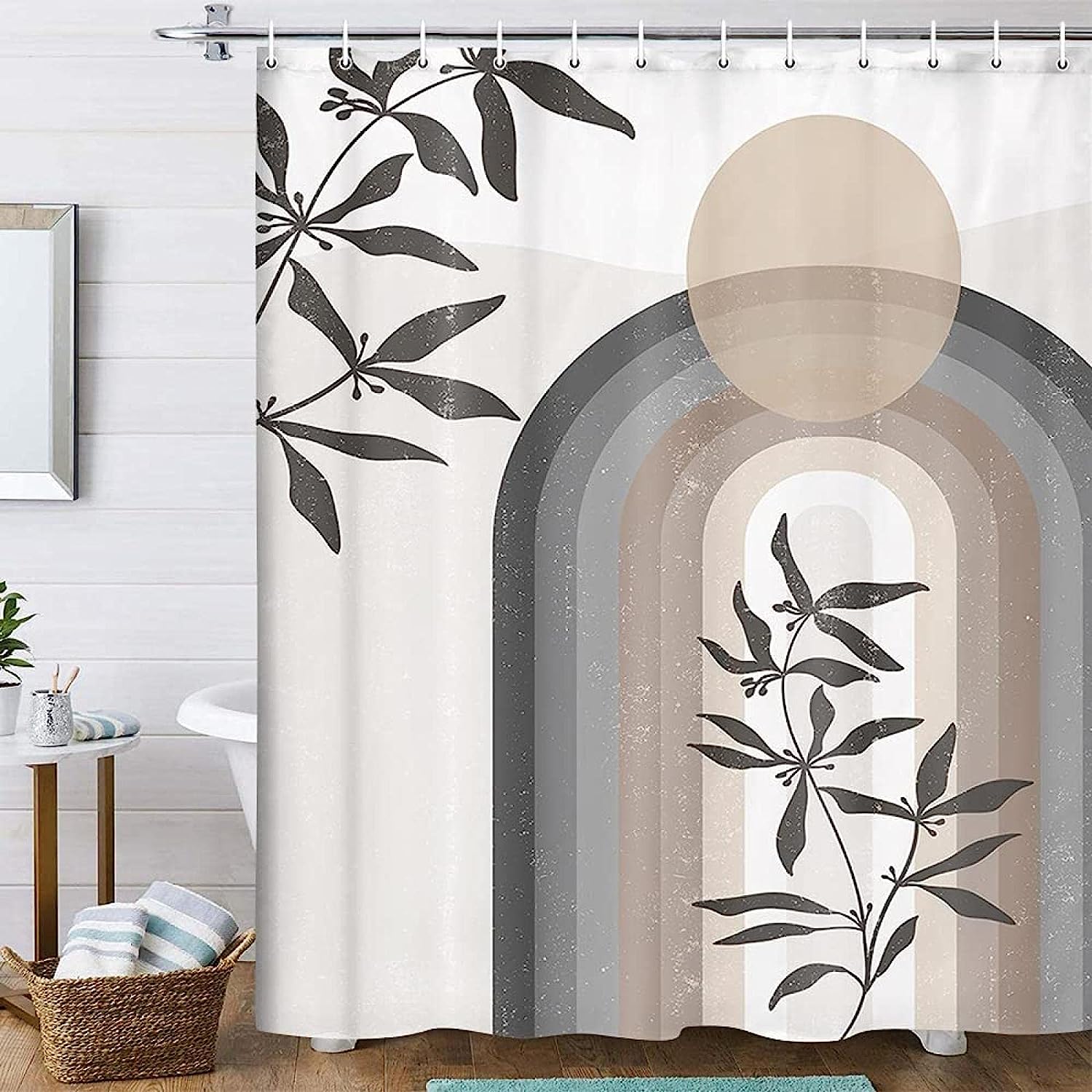 Boho Minimalist Geometric Mid Century Shower Curtain with Sun Rainbow Print for an Artistic Bathroom Look