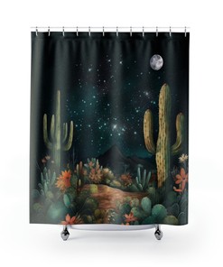Boho Moon Phase and Cactus Shower Curtain for Spiritual Bathroom Decor 