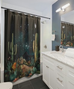Boho Moon Phase and Cactus Shower Curtain for Spiritual Bathroom Decor