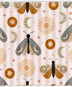 Boho Moth Sun Moon Leaves Star Butterfly Shower Curtain for Mystic Bathroom Decor
