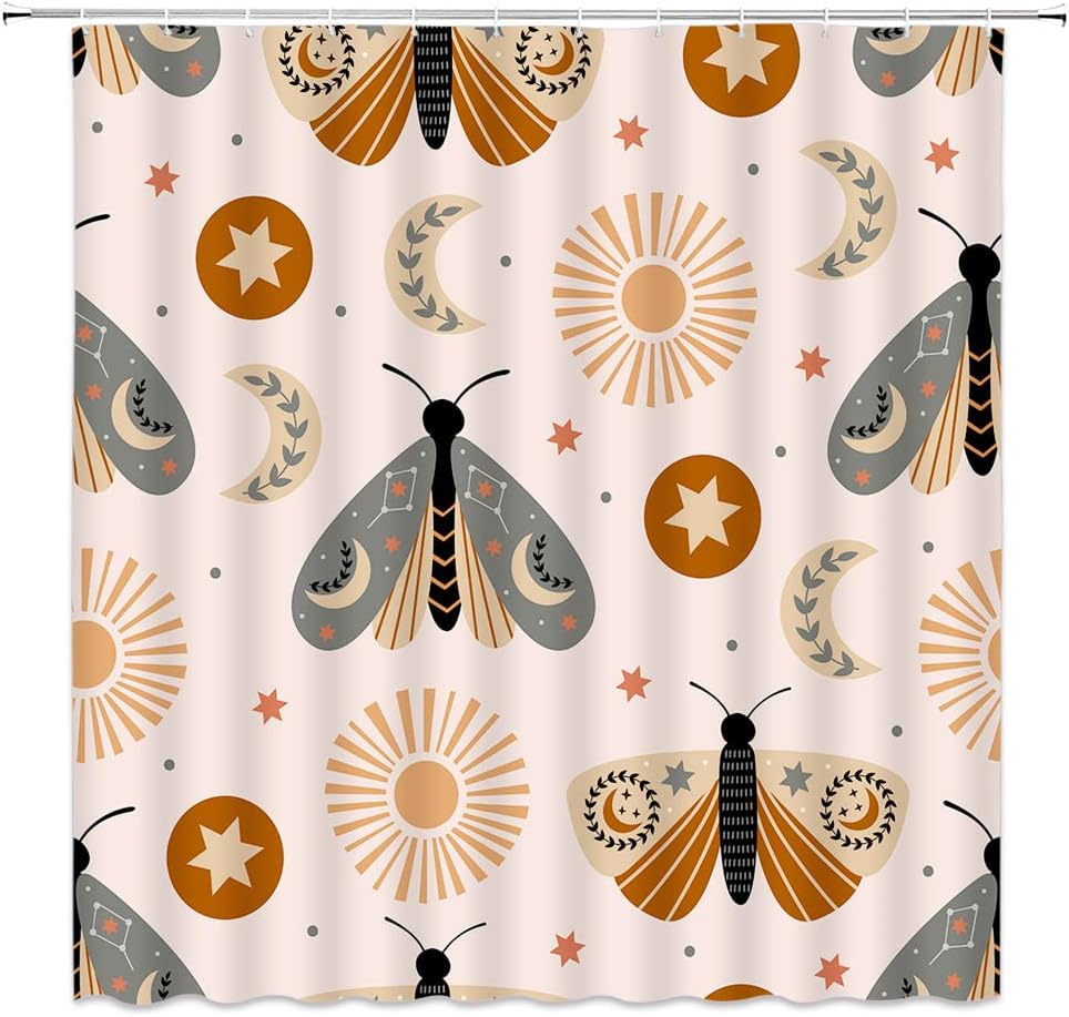 Boho Moth Sun Moon Leaves Star Butterfly Shower Curtain for Mystic Bathroom Decor