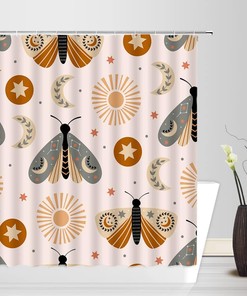 Boho Moth Sun Moon Leaves Star Butterfly Shower Curtain for Mystic Bathroom Decor