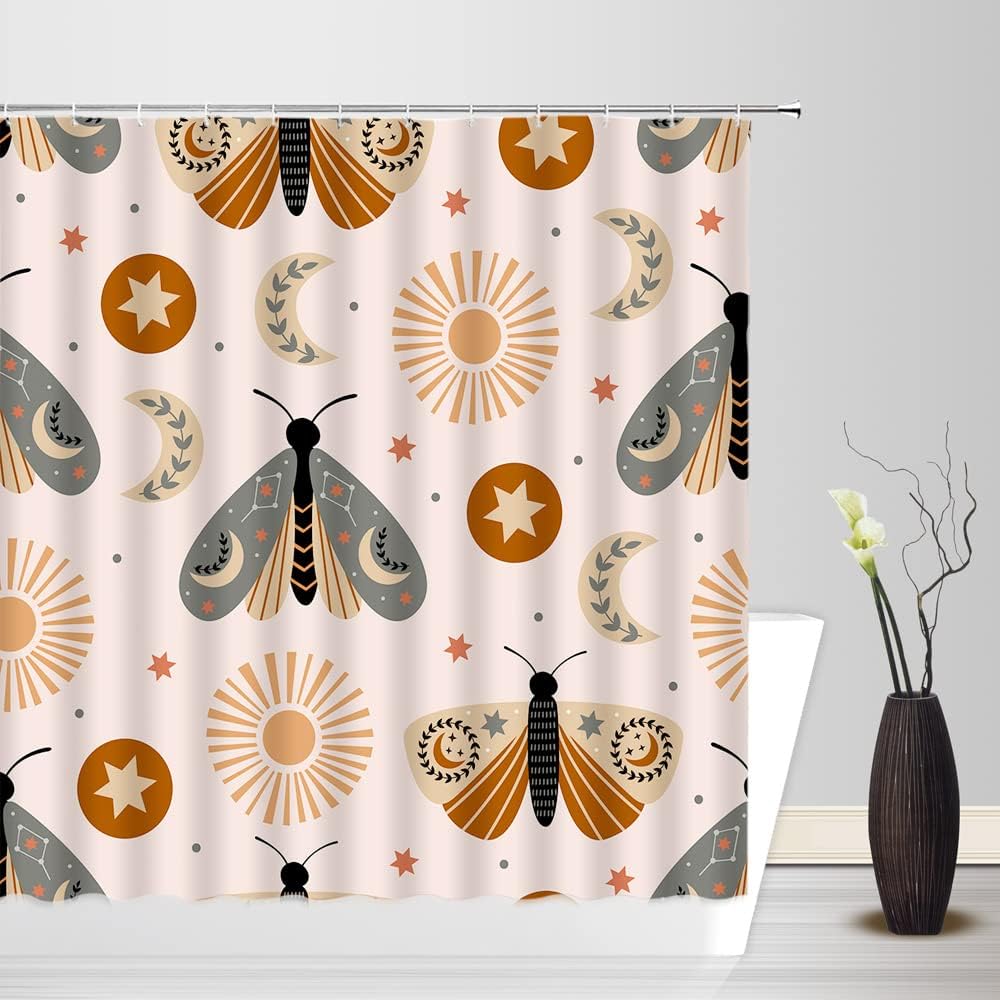 Boho Moth Sun Moon Leaves Star Butterfly Shower Curtain for Mystic Bathroom Decor