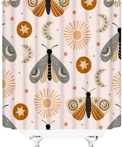 Boho Moth Sun Moon Leaves Star Butterfly Shower Curtain for Mystic Bathroom Decor