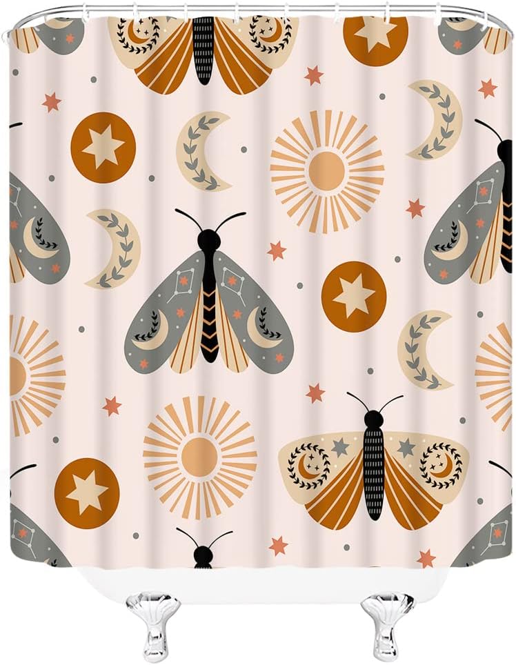 Boho Moth Sun Moon Leaves Star Butterfly Shower Curtain for Mystic Bathroom Decor