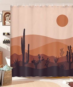 Boho Mountain Cactus Mid Century Modern Shower Curtain with Abstract Design for a Bohemian Bathroom Look