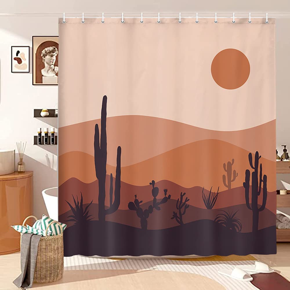 Boho Mountain Cactus Mid Century Modern Shower Curtain with Abstract Design for a Bohemian Bathroom Look