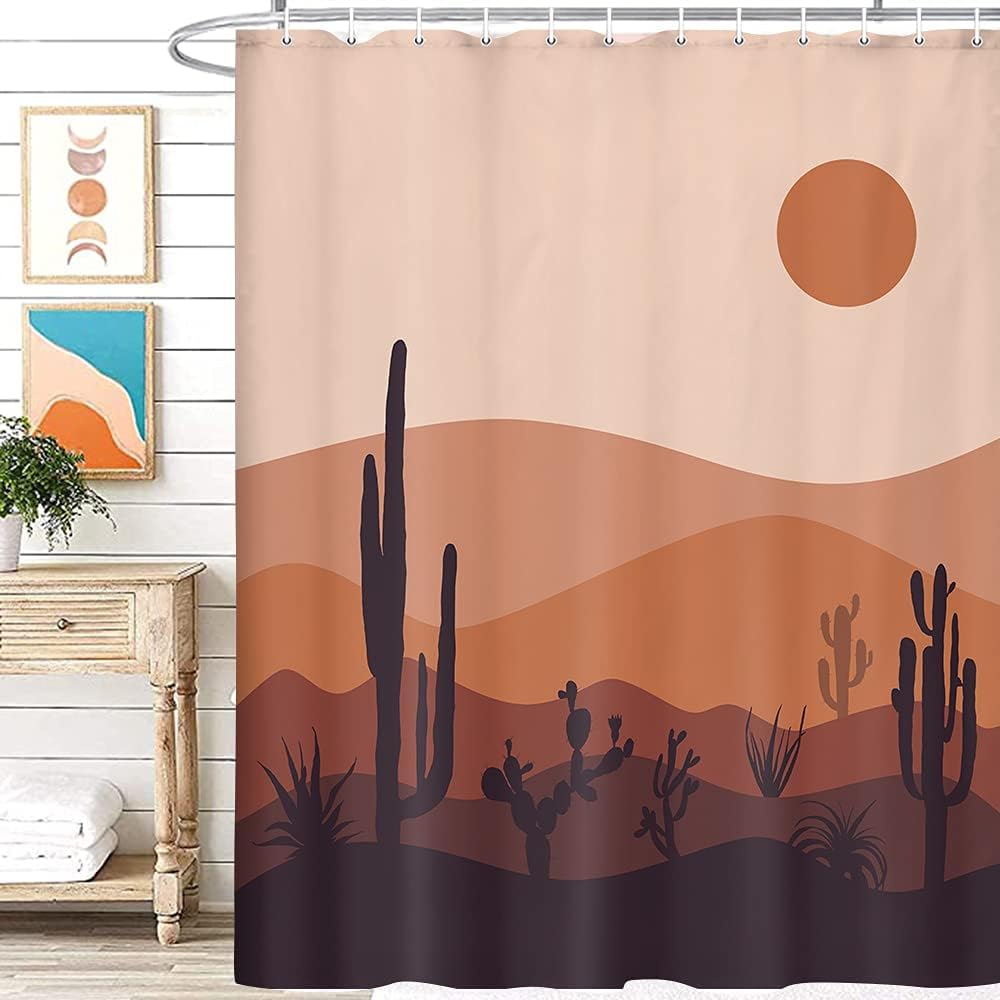 Boho Mountain Cactus Mid Century Modern Shower Curtain with Abstract Design for a Bohemian Bathroom Look