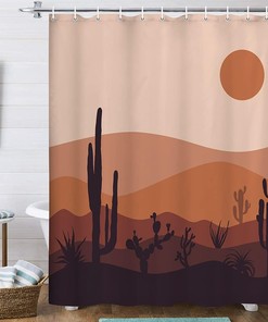 Boho Mountain Cactus Mid Century Modern Shower Curtain with Abstract Design for a Bohemian Bathroom Look