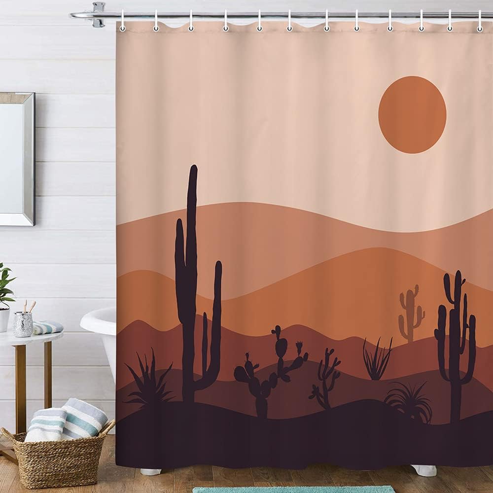 Boho Mountain Cactus Mid Century Modern Shower Curtain with Abstract Design for a Bohemian Bathroom Look