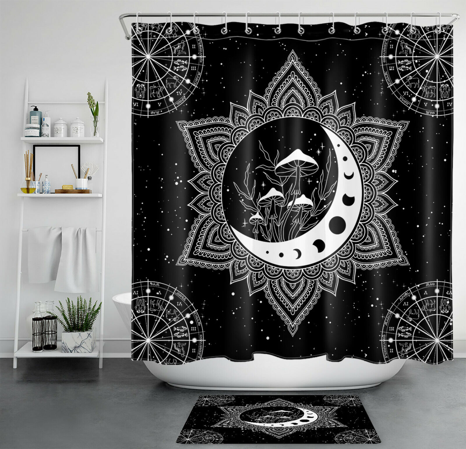 Boho Mushroom And Moon Phase Shower Curtain For Bathroom