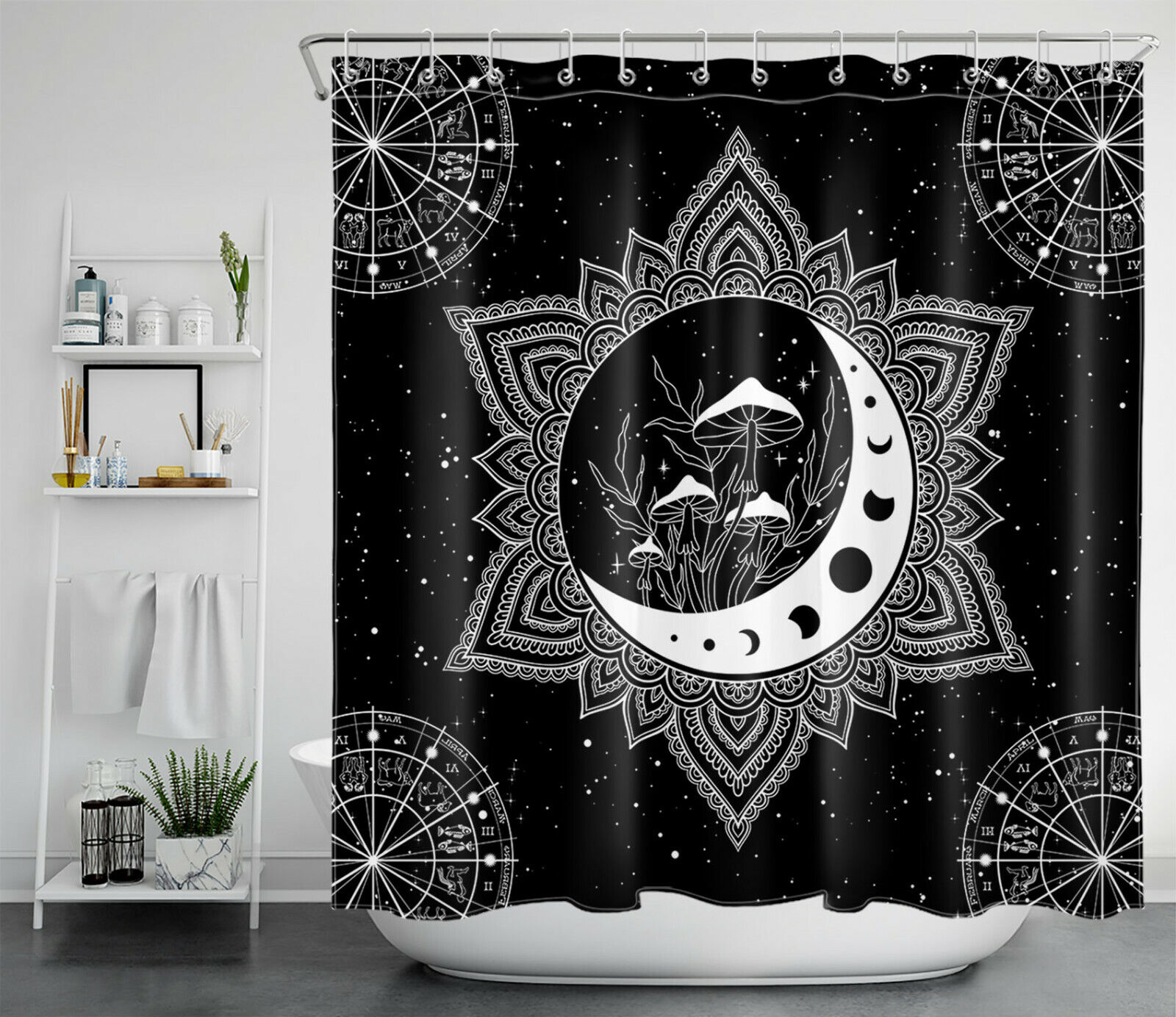 Boho Mushroom And Moon Phase Shower Curtain For Bathroom - Image 2