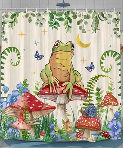 Boho Mushroom Shower Curtain, Botanical Restroom Bathroom Decor 